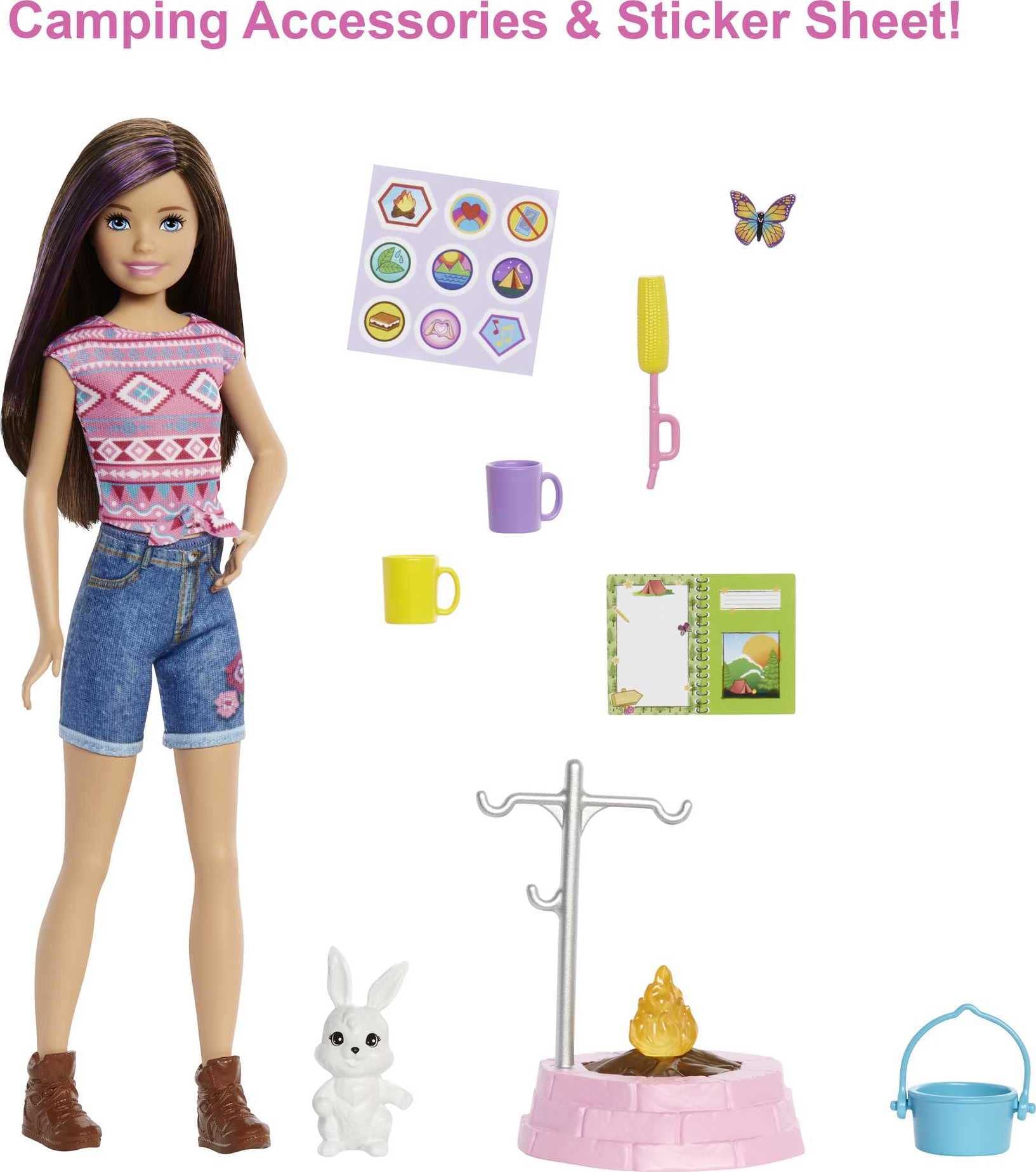 Barbie It Takes Two Skipper Doll & Accessories, Camping Playset with Doll, Campfire, Pet Bunny, Sticker Sheet & More