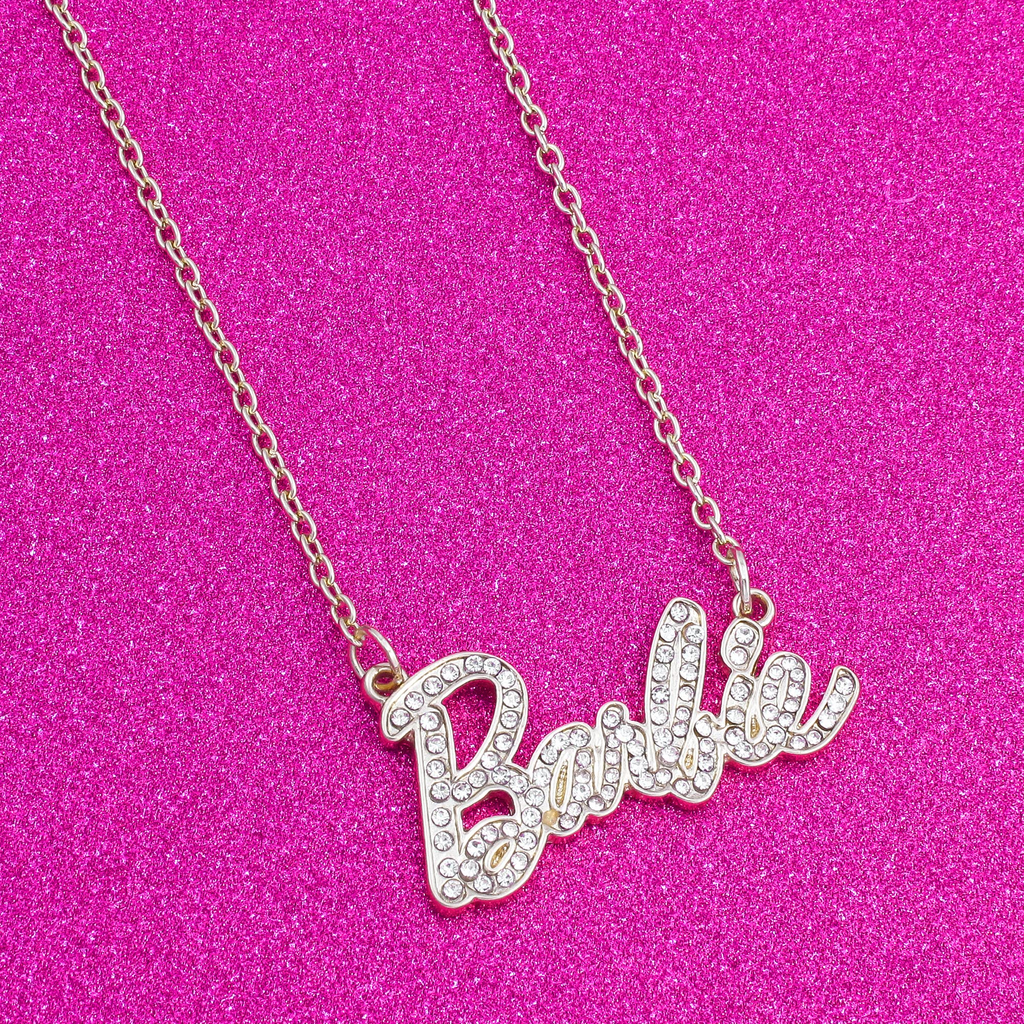 Barbie Crystal Script Logo Necklace (Gold)