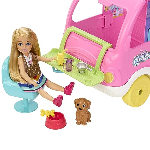 Barbie Toy Camper & Chelsea Doll, 2-in-1 Playset with 2 Pets & 15 Accessories, Vehicle Transforms into Camp Site (Amazon Exclusive)