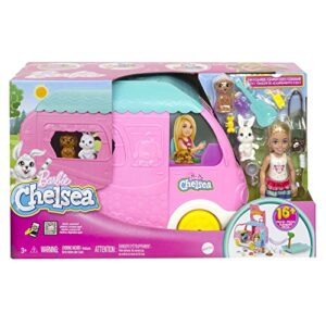 Barbie Toy Camper & Chelsea Doll, 2-in-1 Playset with 2 Pets & 15 Accessories, Vehicle Transforms into Camp Site (Amazon Exclusive)