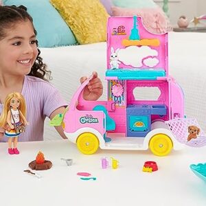 Barbie Toy Camper & Chelsea Doll, 2-in-1 Playset with 2 Pets & 15 Accessories, Vehicle Transforms into Camp Site (Amazon Exclusive)