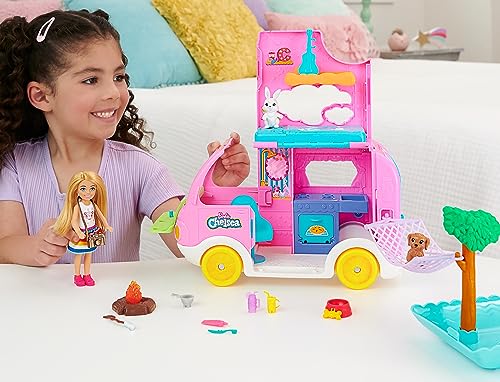 Barbie Toy Camper & Chelsea Doll, 2-in-1 Playset with 2 Pets & 15 Accessories, Vehicle Transforms into Camp Site (Amazon Exclusive)