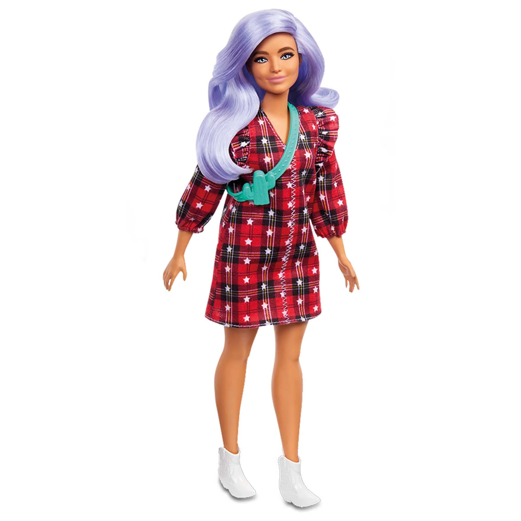 Barbie Fashionistas Doll #157, Curvy with Lavender Hair Wearing Red Plaid Dress, White Cowboy Boots & Teal Cross-Body Cactus Bag, Toy for Kids 3 to 8 Years Old