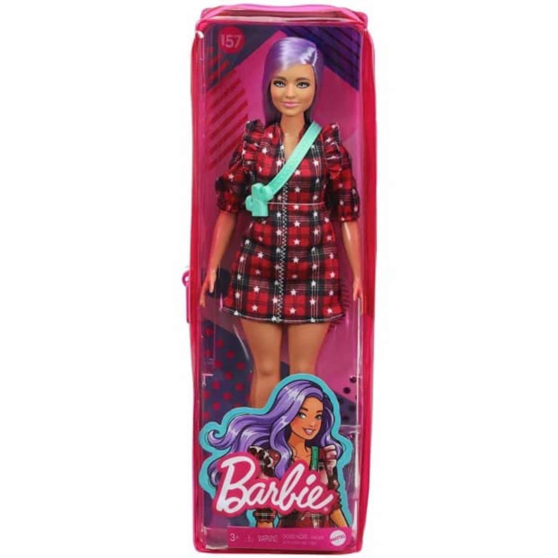 Barbie Fashionistas Doll #157, Curvy with Lavender Hair Wearing Red Plaid Dress, White Cowboy Boots & Teal Cross-Body Cactus Bag, Toy for Kids 3 to 8 Years Old