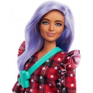 Barbie Fashionistas Doll #157, Curvy with Lavender Hair Wearing Red Plaid Dress, White Cowboy Boots & Teal Cross-Body Cactus Bag, Toy for Kids 3 to 8 Years Old