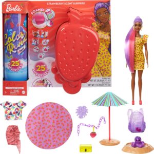 barbie color reveal foam! doll & pet friend with 25 surprises: scented bubble solution, outfits, hair extension, accessories, kid bracelet & charm hidden in sand; sunny strawberry-theme