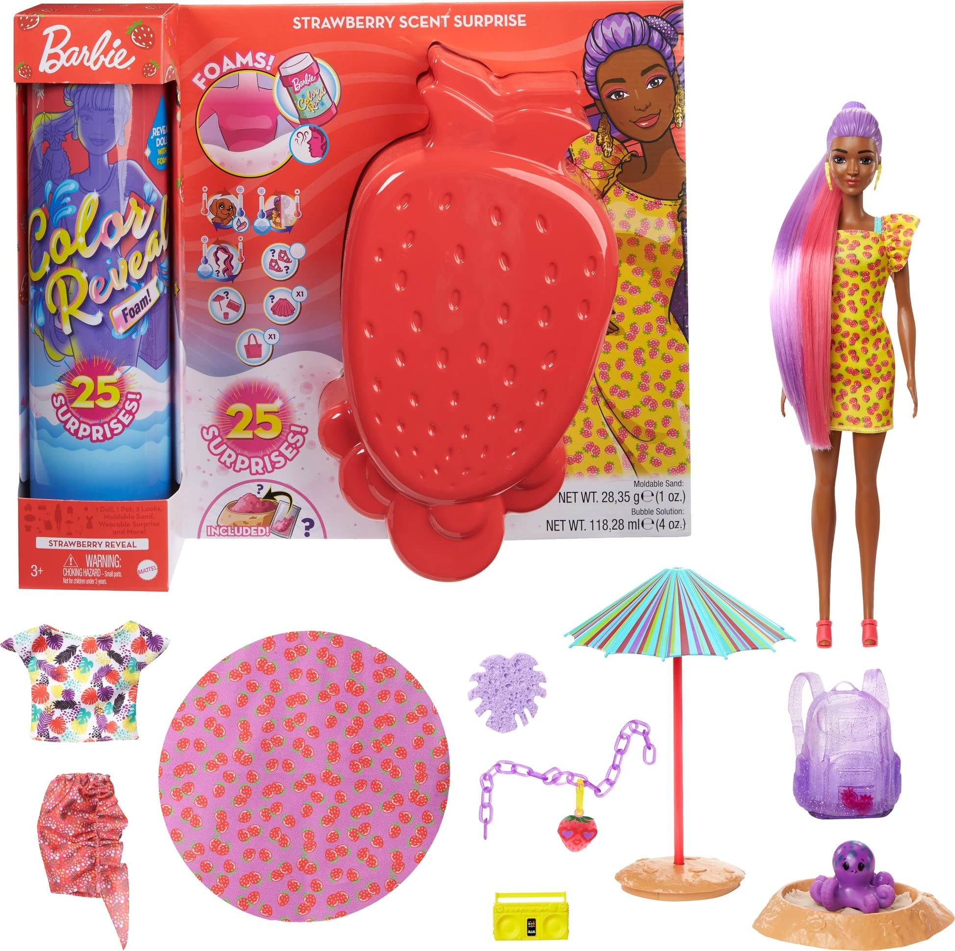 Barbie Color Reveal Foam! Doll & Pet Friend with 25 Surprises: Scented Bubble Solution, Outfits, Hair Extension, Accessories, Kid Bracelet & Charm Hidden in Sand; Sunny Strawberry-Theme