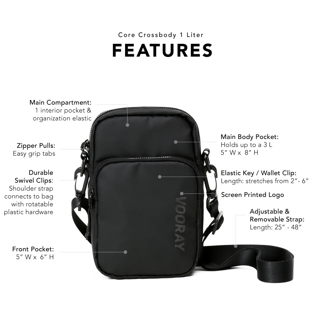 VOORAY 1L Lightweight Core Crossbody Bag – Small Lightweight Travel Bag, Small Gym Bag for Women and Men with Adjustable Belt, Overnight Bag, Everyday Bag, Hospital Bag