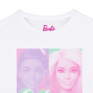 Barbie Girls Short Sleeve T-Shirt | Young Ladies Colour Block Portrait White Tee | Kids Stylish Fashion Top | Doll Movie Gift