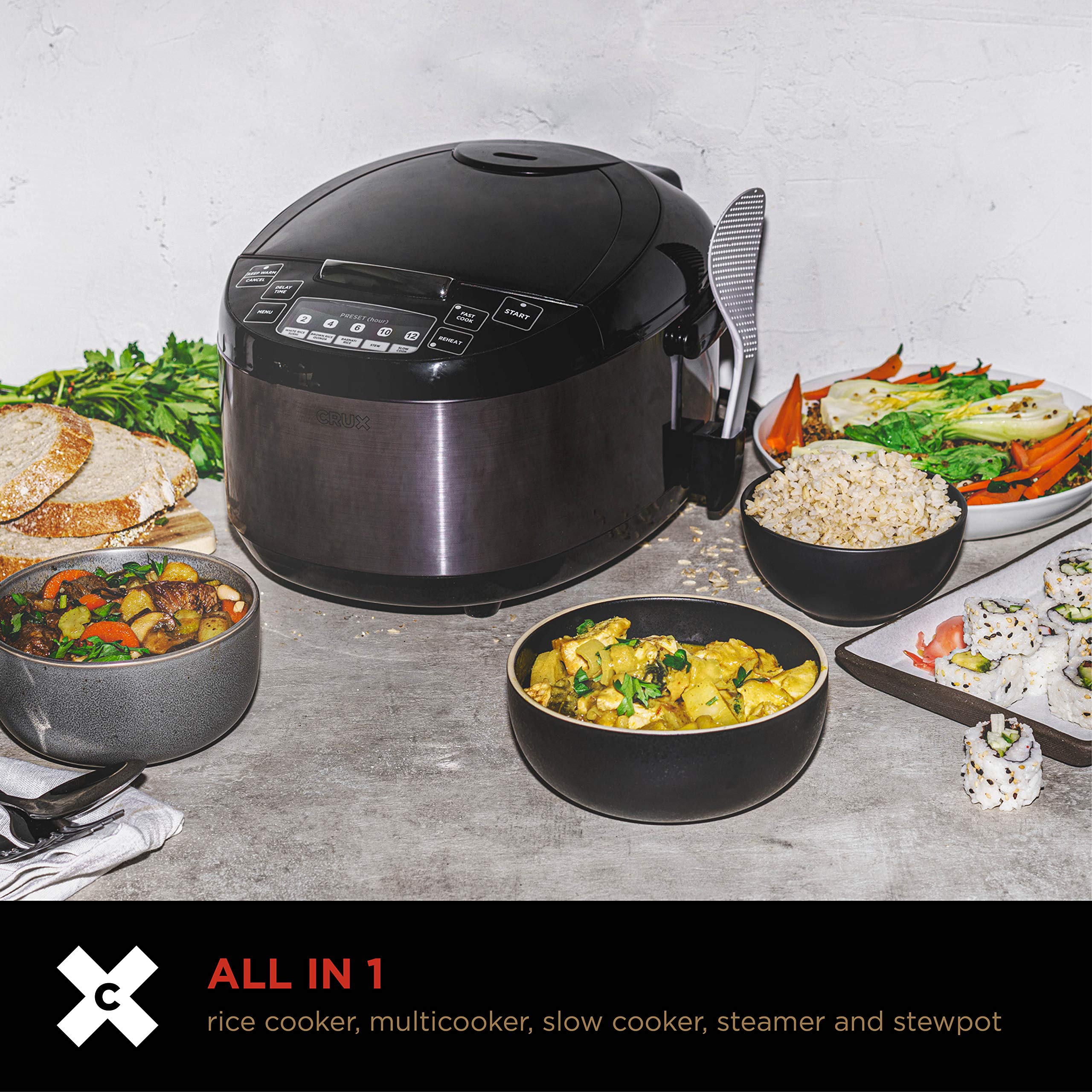 Crux 12 Cup Non-Induction Rice Cooker, Multi-Cooker, Food Steamer, Slow Cooker, Stewpot, Easy One-Pot Healthy Meals, Dishwater Safe, Non-Stick Bowl, Black, one size