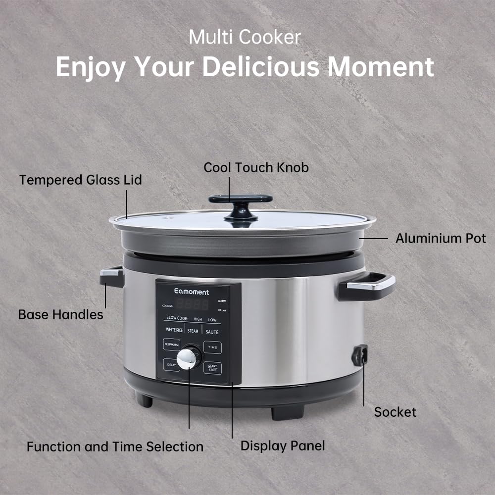 Eamoment 5.5QT Programmable Slow Cooker With Timer,Non Stick Aluminum Alloy Liner.SLOW COOK HIGH/SLOW COOK LOW/WHITE RICE/STEAM/SAUTE/WARM/DELAY,and Other Practical Functions