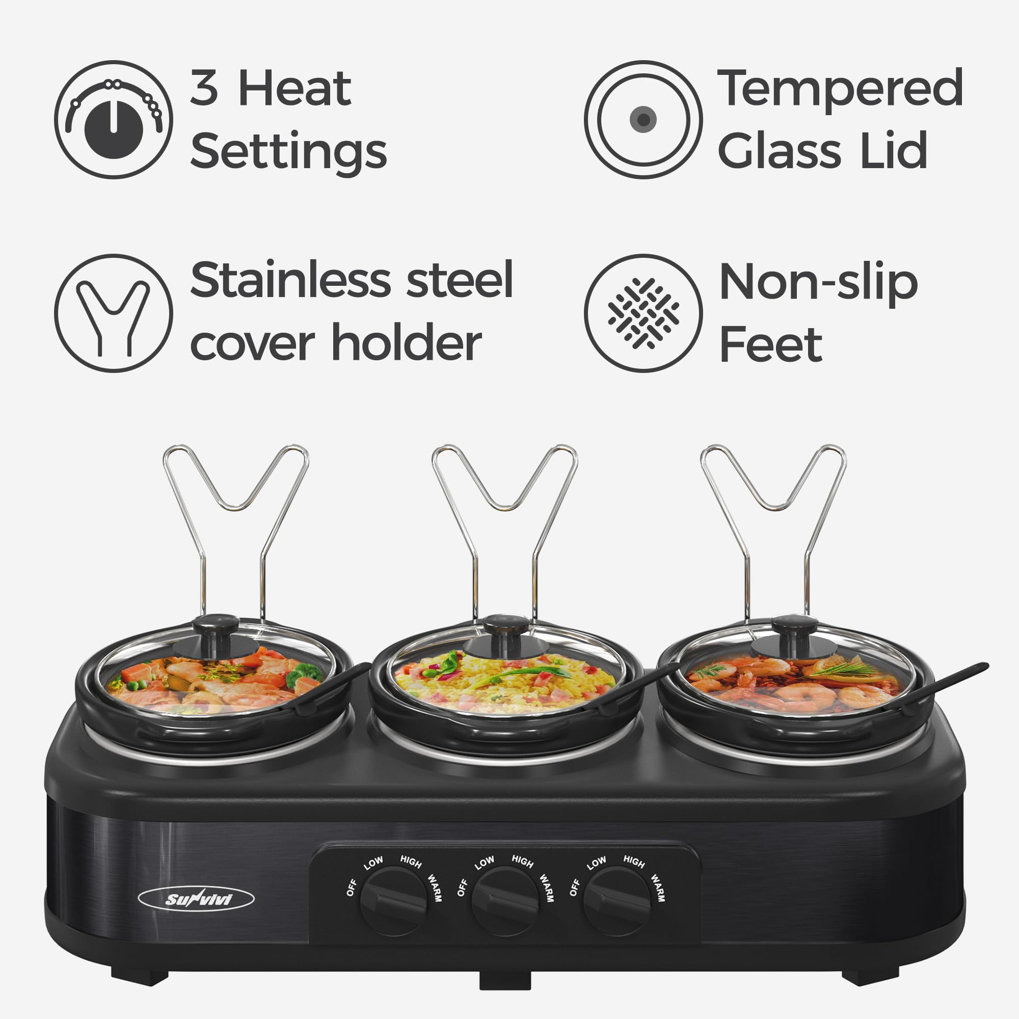 Sunvivi Triple Slow Cooker Buffet Servers and Warmer,3 Pot Food Small Mini Manual Slow Cooker with Adjustable Temp Stainless Steel Lid Rests,Removable Ceramic Pot,4.5 QT Black