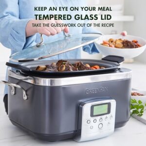 GreenPan Elite 8-in-1 Programmable 6 Quart Electric Slow Cooker, GlassLid & Removable Crock, PFAS-Free Healthy Ceramic Nonstick Multi-Cooker,Sear, Sauté/Brown,Roast, Graphite + Slow Cooker Cookbook