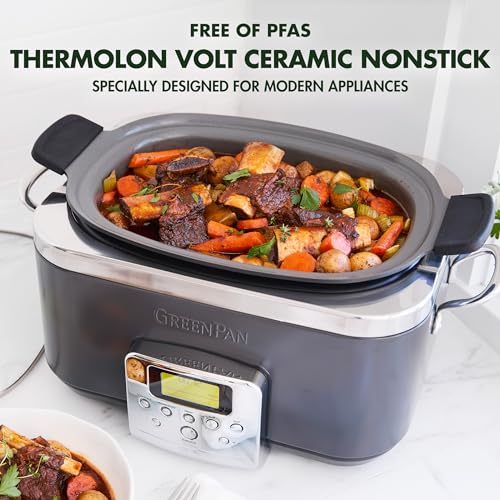 GreenPan Elite 8-in-1 Programmable 6 Quart Electric Slow Cooker, GlassLid & Removable Crock, PFAS-Free Healthy Ceramic Nonstick Multi-Cooker,Sear, Sauté/Brown,Roast, Graphite + Slow Cooker Cookbook