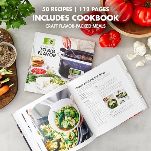 GreenPan Elite 8-in-1 Programmable 6 Quart Electric Slow Cooker, GlassLid & Removable Crock, PFAS-Free Healthy Ceramic Nonstick Multi-Cooker,Sear, Sauté/Brown,Roast, Graphite + Slow Cooker Cookbook