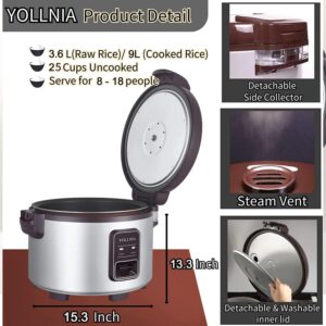 YOLLNIA Commercial Rice Cooker & 45 Cups (Cooked) Large Cooker Rice | 8.17Qt Rice Warmer Commercial | 1200W Fast Cooking Electric Rice Cooker for Restaurant | Auto Keep Warm | Non-Stick Inner Pot