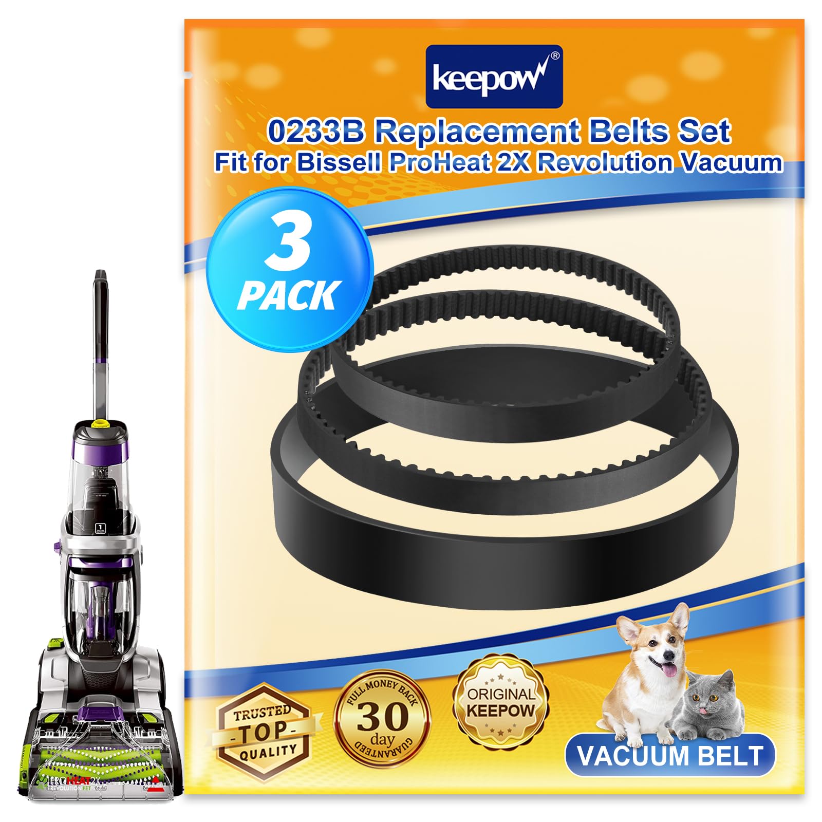 KEEPOW Replacement Belt Set Compatible with Bissell ProHeat 2X Revolution Pet Pro Carpet Cleaner 1986, 1964, 2007, 2007P Series, Part# 1606428 & 1611129 & 1611130