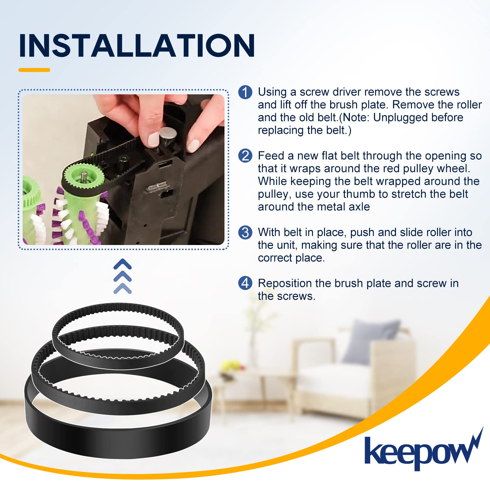 KEEPOW Replacement Belt Set Compatible with Bissell ProHeat 2X Revolution Pet Pro Carpet Cleaner 1986, 1964, 2007, 2007P Series, Part# 1606428 & 1611129 & 1611130