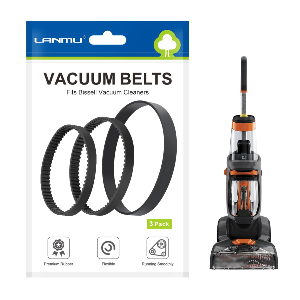 LANMU Replacement Belt Set Compatible with Bissell ProHeat 2X Revolution Pet Pro Model 1548, 1551, 1551W, 1550 Carpet Vacuum Cleaner, Replace Parts 1606418, 1606419, 1606428