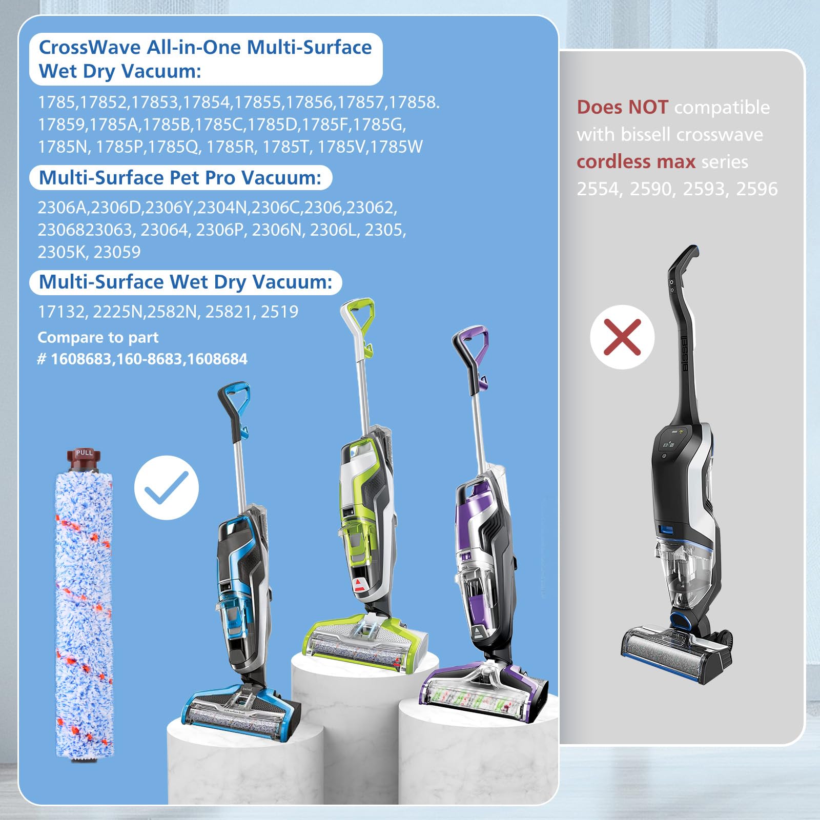JORAIR Replacements Compatible with Bissell CrossWave, 3 Multi-Surface Brush Roll 1868 + 3 Vacuum Filter 1866 Vacuum Filter, Compare to Part 1608683, 160-8683, 1608684