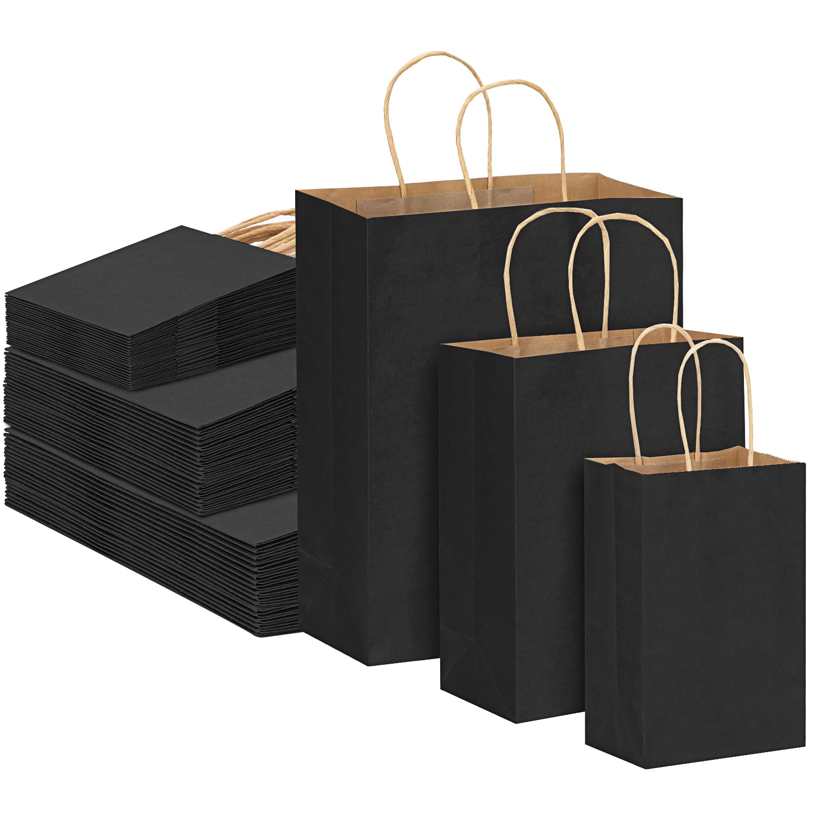 Moretoes 75pcs Black Gift Bags with Handles, (8-10-12inch) Assorted Sizes Gift Bags Bulk, Kraft Paper Bags for Small Business Bags, Shopping Bags, Retail Bags, Party Bags, Favor Bags