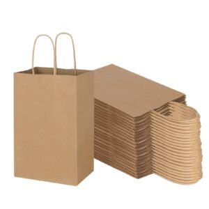 toovip 100 pack 5.25x3.25x8.25 inch small plain brown kraft paper bags with handles bulk, gift bags for favor grocery retail party birthday shopping business goody craft merchandise take out sacks