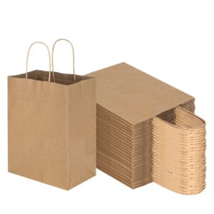 toovip 100 pack 8x4.75x10 inch medium plain brown kraft paper bags with handles bulk, gift wrap bags for favors grocery retail party birthday shopping business goody craft merchandise take out sacks