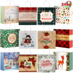 JOYIN 24 Pcs Christmas Kraft Paper Gift Bags with Twine Handles, 12 X 12 X 5'' Large Xmas Gift Bags with 12 Designs for Holiday Present Wrapping, Christmas Goodie Bags, Xmas Goody Bags Party Supplies