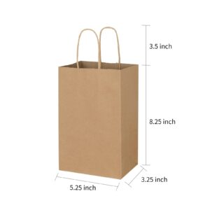 Toovip 100 Pack 5.25x3.25x8.25 Inch Small Plain Brown Kraft Paper Bags with Handles Bulk, Gift Bags for Favor Grocery Retail Party Birthday Shopping Business Goody Craft Merchandise Take Out Sacks