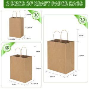 Toovip 90 Pack Plain Brown Kraft Paper Bags with Handles Bulk, Multiple 3 Assorted Sizes Gift Bags for Favors Grocery Retail Party Birthday Shopping Business Goody Craft Merchandise Take Out Sacks