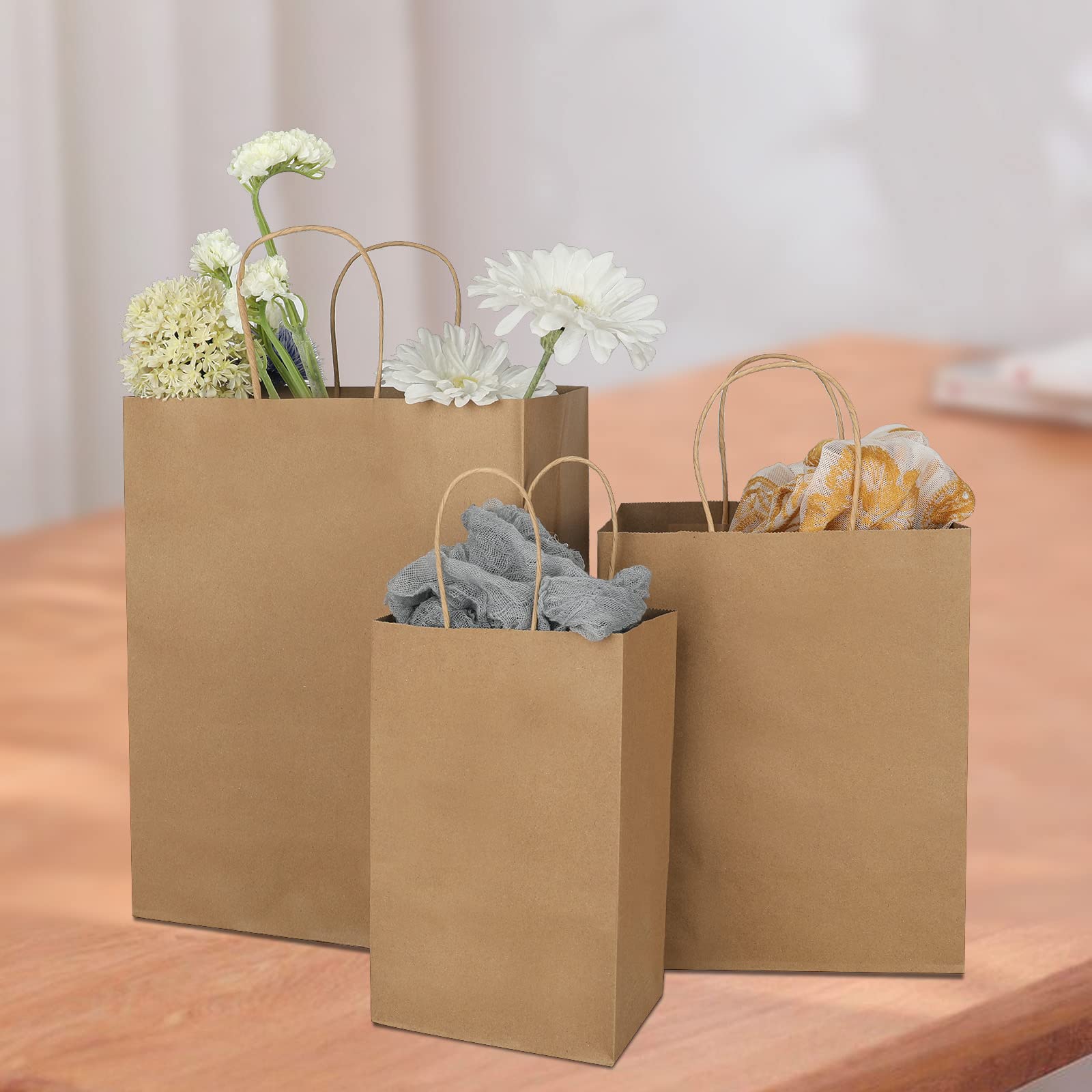 Toovip 90 Pack Plain Brown Kraft Paper Bags with Handles Bulk, Multiple 3 Assorted Sizes Gift Bags for Favors Grocery Retail Party Birthday Shopping Business Goody Craft Merchandise Take Out Sacks