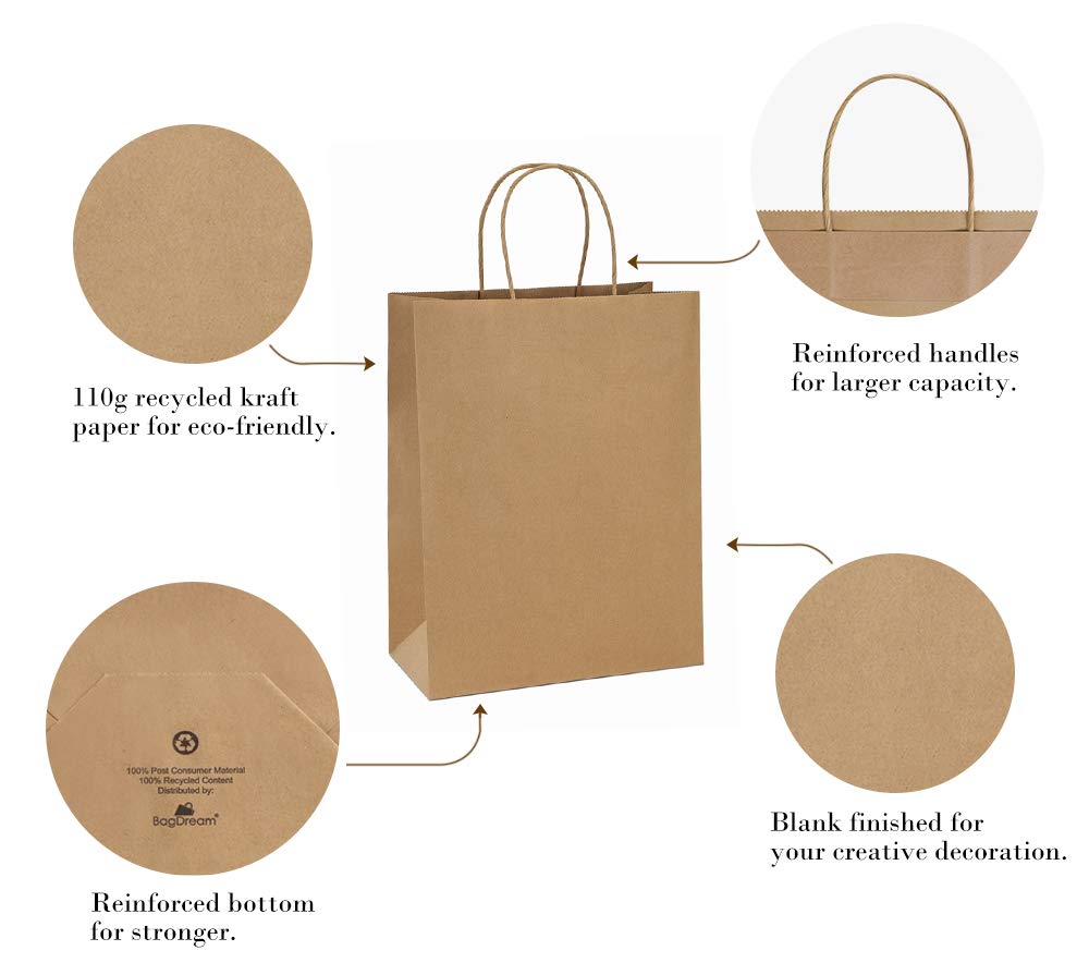 BagDream Gift Bags 10x5x13 50Pcs Brown Kraft Paper Bags Paper Gift Bags with Handles, Merchandise Bags, Retail Bags, Party Favor Bags, Shopping Bags Bulk 100% Recycled Paper Bags Sacks