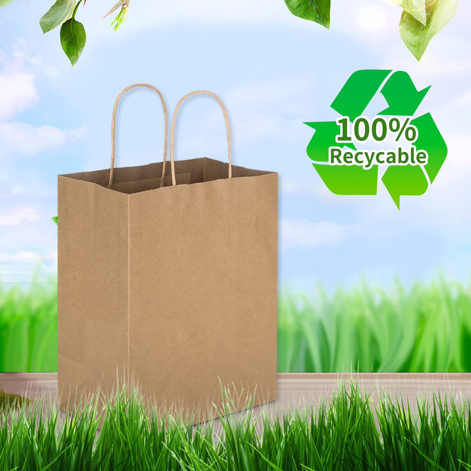 Toovip 100 Pack 8x4.75x10 Inch Medium Plain Brown Kraft Paper Bags with Handles Bulk, Gift Wrap Bags for Favors Grocery Retail Party Birthday Shopping Business Goody Craft Merchandise Take Out Sacks