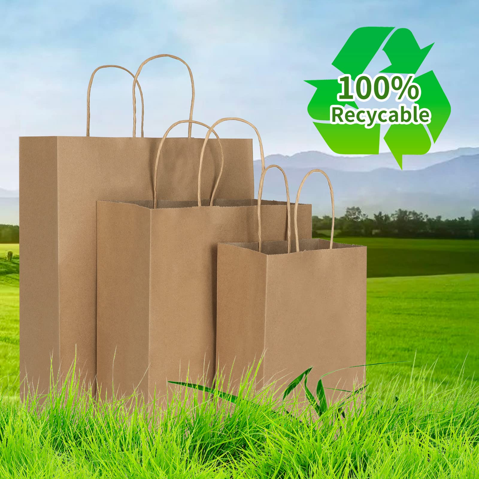 Toovip 90 Pack Plain Brown Kraft Paper Bags with Handles Bulk, Multiple 3 Assorted Sizes Gift Bags for Favors Grocery Retail Party Birthday Shopping Business Goody Craft Merchandise Take Out Sacks