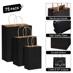 Moretoes 75pcs Black Gift Bags with Handles, (8-10-12inch) Assorted Sizes Gift Bags Bulk, Kraft Paper Bags for Small Business Bags, Shopping Bags, Retail Bags, Party Bags, Favor Bags