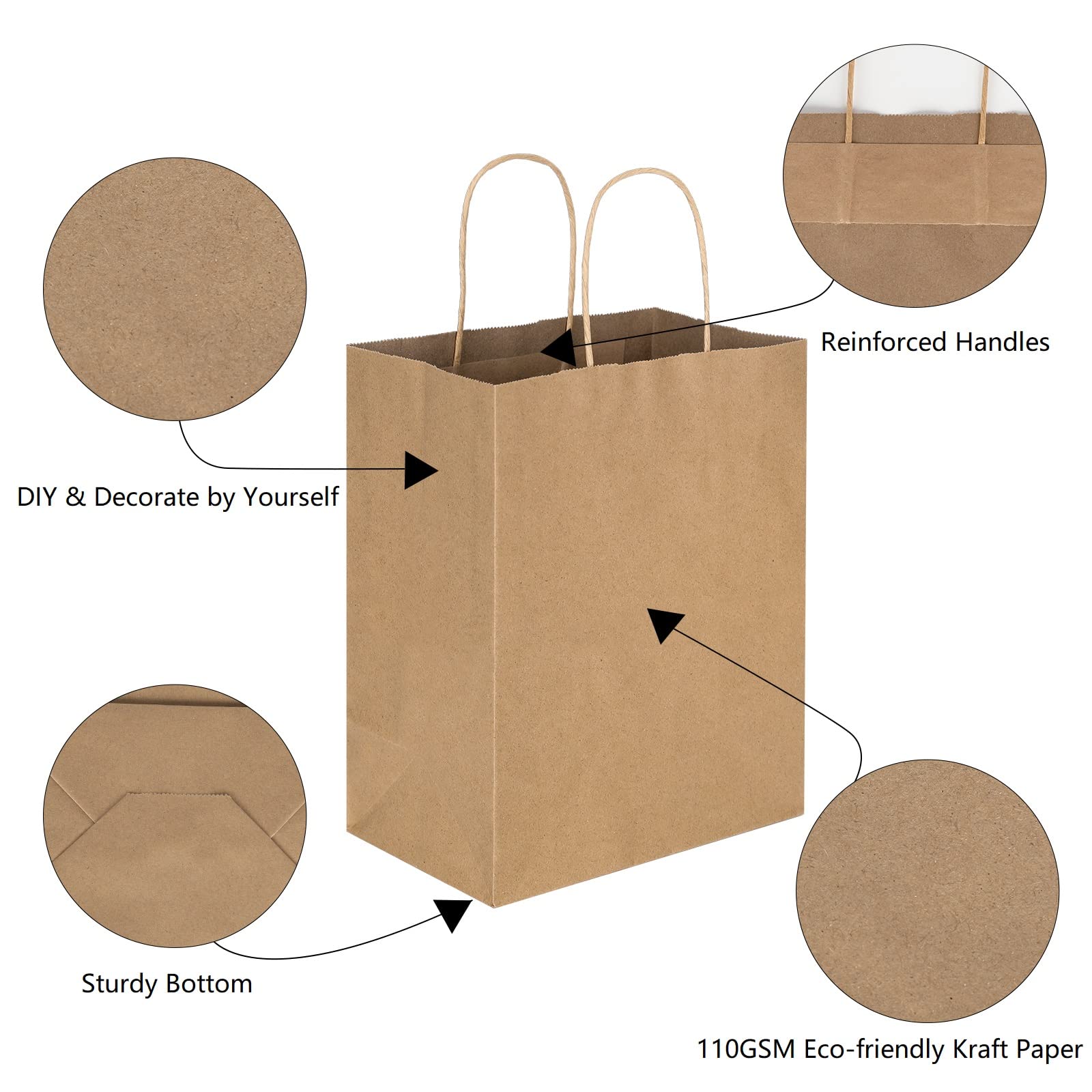 Toovip 100 Pack 8x4.75x10 Inch Medium Plain Brown Kraft Paper Bags with Handles Bulk, Gift Wrap Bags for Favors Grocery Retail Party Birthday Shopping Business Goody Craft Merchandise Take Out Sacks