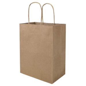 bagmad 50 pack 8x4.75x10 inch plain medium paper bags with handles bulk, brown kraft bags, craft gift bags, grocery shopping retail bags, birthday party favors wedding bags sacks (natural 50pcs)