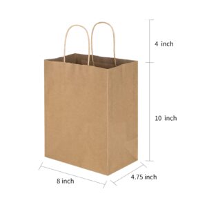 Toovip 50 Pack 8x4.75x10 Inch Medium Plain Brown Kraft Paper Bags with Handles Bulk, Gift Bags for Favors Grocery Retail Party Birthday Shopping Business Goody Craft Merchandise Take Out Sacks