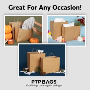 PTP BAGS Natural 16" x 6" x 12.5" Tote Bags [Pack of 250] Recyclable Kraft Paper Gift Bags
