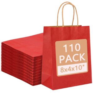 moretoes 110pcs red paper bags with handles, 8x4x10 inch medium sizes gift bags bulk, valentines day gift bags red paper bags for small business, shopping bags, party bags, favor bags