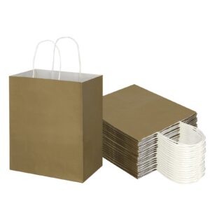 Toovip 50 Pack 8x4.75x10 Inch Medium Gold Kraft Paper Bags with Handles Bulk, Gift Wrap Bags for Favors Grocery Retail Party Birthday Shopping Business Goody Craft Merchandise Take Out Bags Sacks