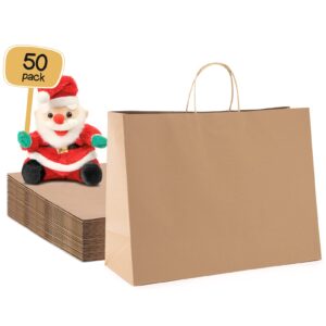 METRONIC Gift Bags with Handles, Recyclable Brown Paper Bags 16x6x12 Inch 50 Pack, Kraft Shopping Bags for Business Grocery (Bulk)