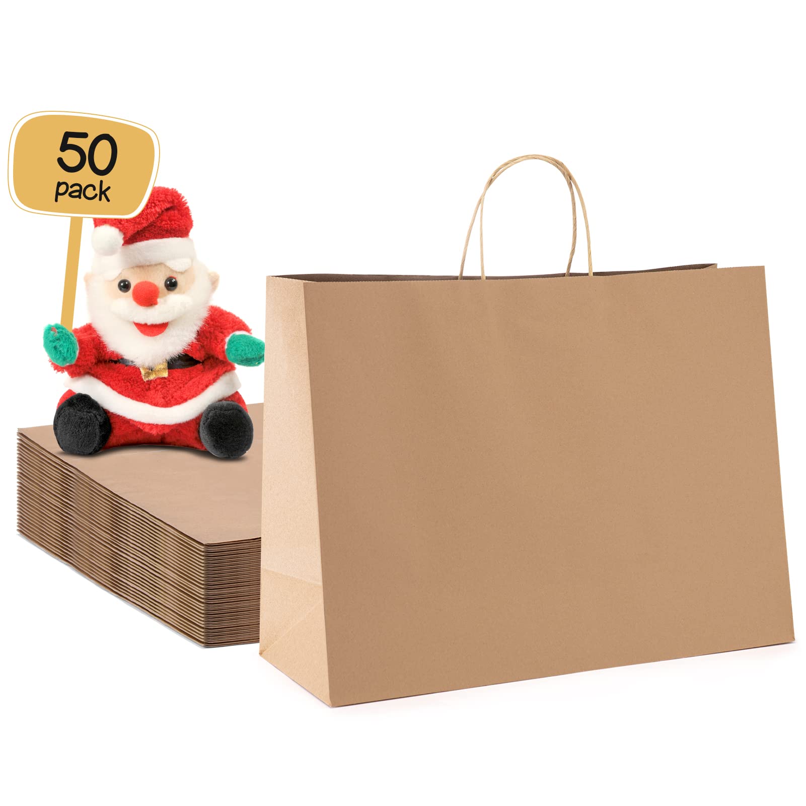 METRONIC Gift Bags with Handles, Recyclable Brown Paper Bags 16x6x12 Inch 50 Pack, Kraft Shopping Bags for Business Grocery (Bulk)