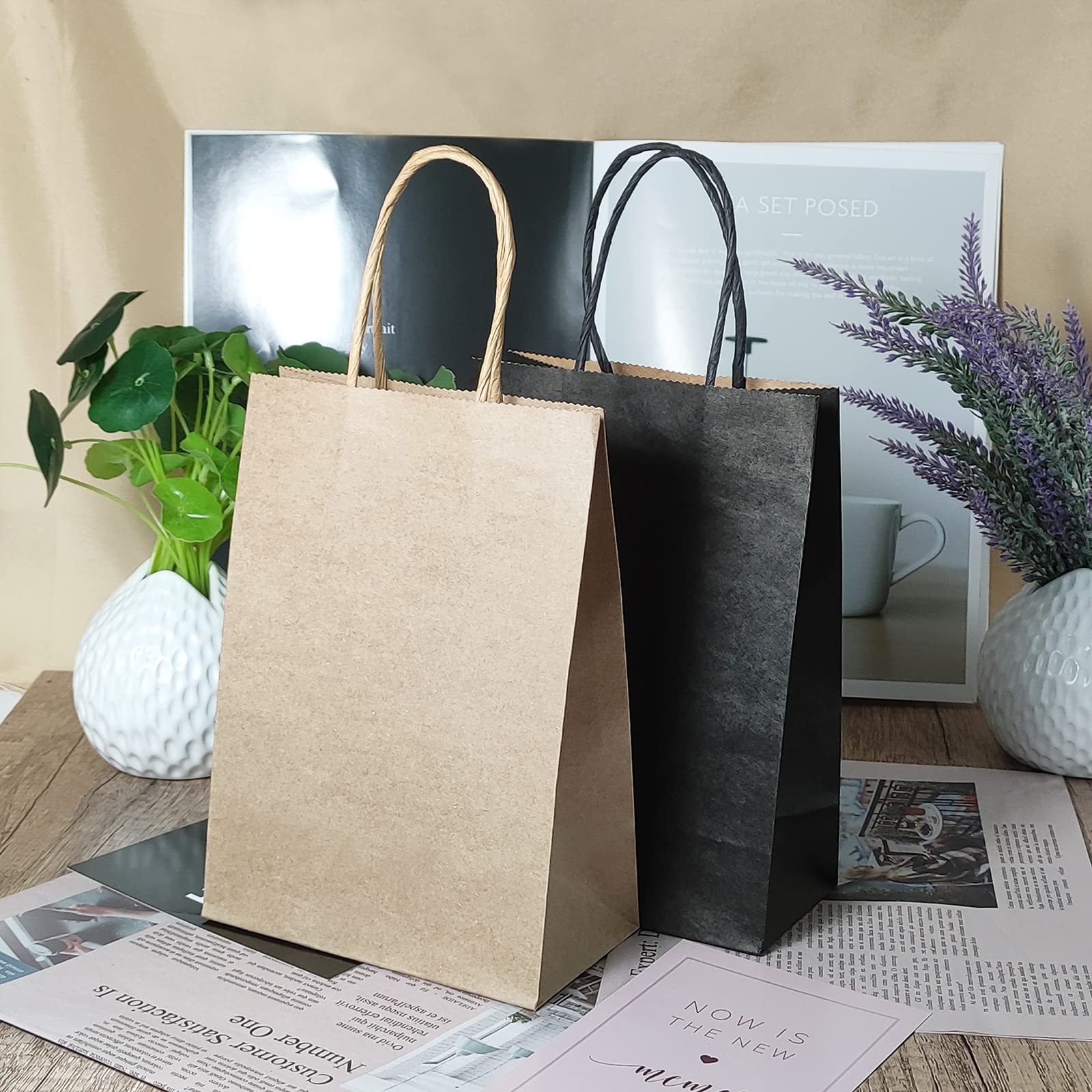 GARROS Black Kraft Paper Bag 5.8x3x8.3 inches,12-Pcs, Gift Bags, Kraft Bags With Handles Easter Day,Chrismas，Thanksgiving, Paper Shopping Bags, Craft Bags, Merchandise Bags (Black)