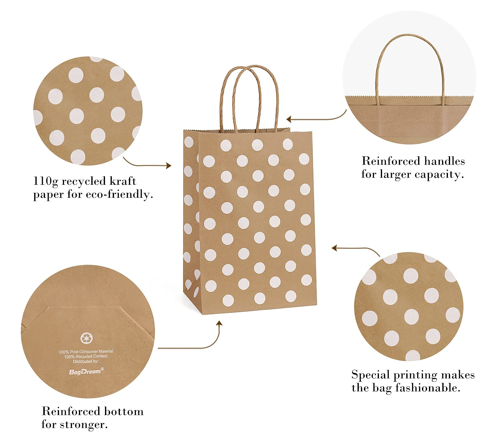BagDream Small Paper Gift Bags 25Pcs 5.25x3.75x8 Inches Kraft Paper Bags with Handles, Paper Shopping Bags Party Bags Recyclable Kraft Bags Brown Dot Party Bags