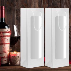 50 Pcs Wine Gift Bag with Window 4.9" x 3.6" x 14.2" Kraft Paper Wine Bags with Windows Kraft Paper Flower Wrapping Bag Transparent Window Bags for Valentine's Day Birthday Wedding Party Gift (White)