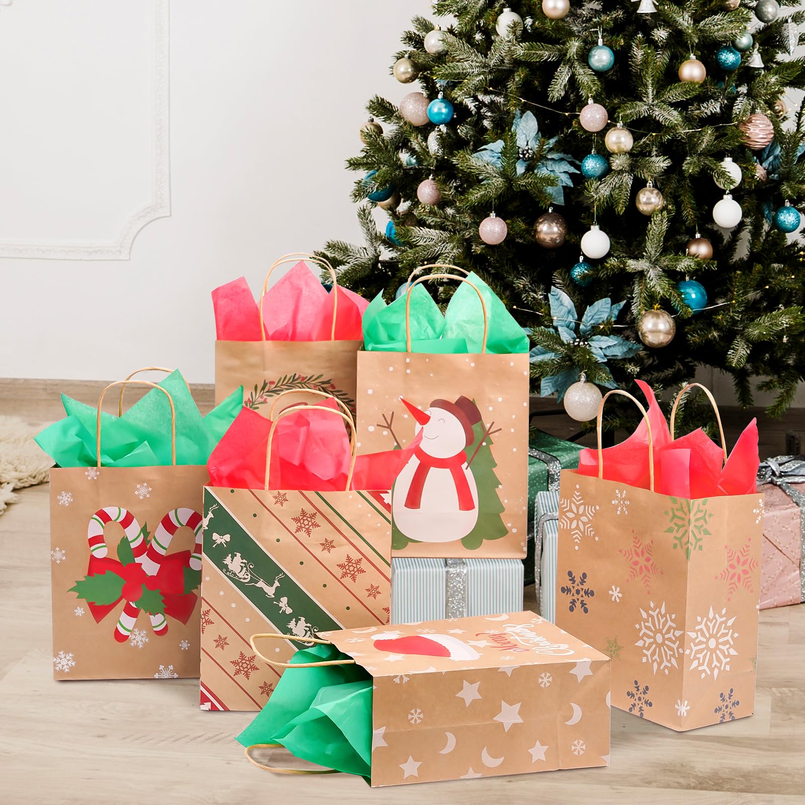 30 Christmas Kraft Gift Bags for Holiday Paper Gift Bags