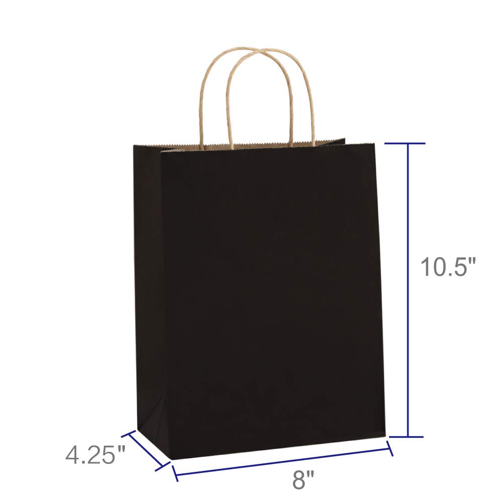 BagDream Recyclable Kraft Paper Gift Bag, 8x4.25x10.5 Inches, 100Pcs, Black, with Handles, Bulk, FSC Compliant, Multipurpose