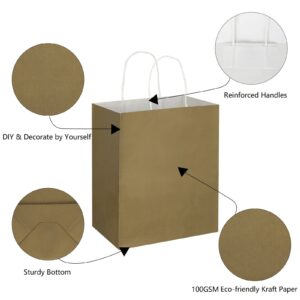 Toovip 50 Pack 8x4.75x10 Inch Medium Gold Kraft Paper Bags with Handles Bulk, Gift Wrap Bags for Favors Grocery Retail Party Birthday Shopping Business Goody Craft Merchandise Take Out Bags Sacks