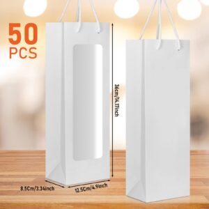 50 Pcs Wine Gift Bag with Window 4.9" x 3.6" x 14.2" Kraft Paper Wine Bags with Windows Kraft Paper Flower Wrapping Bag Transparent Window Bags for Valentine's Day Birthday Wedding Party Gift (White)